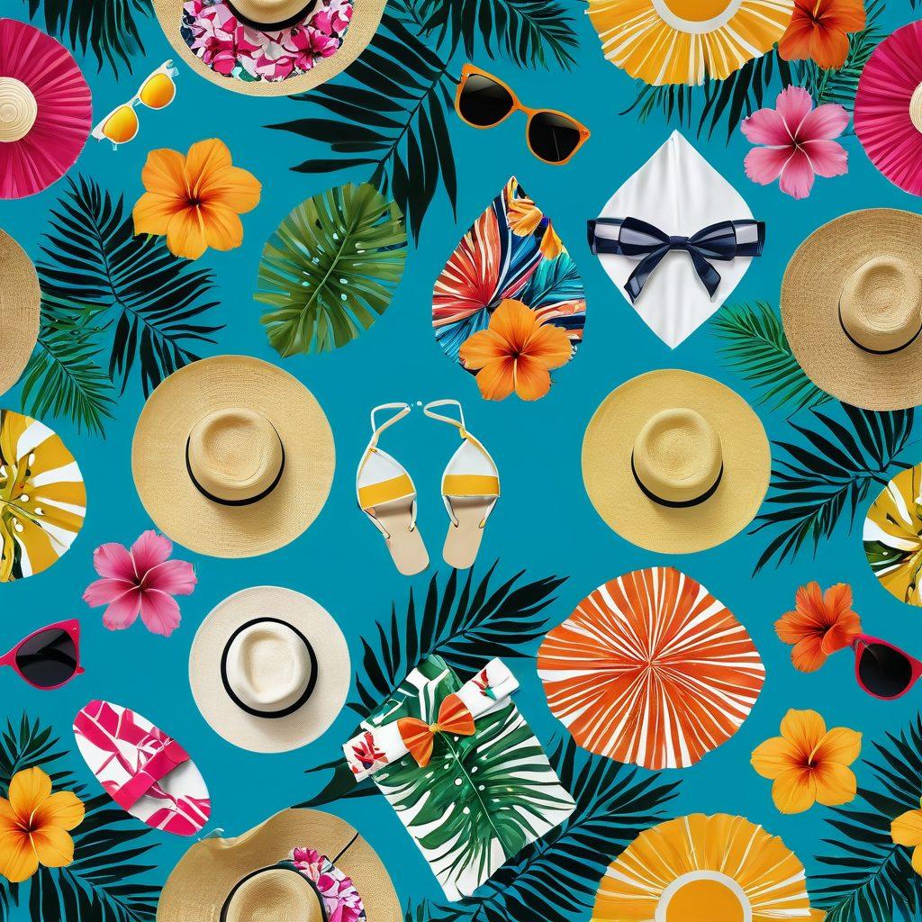 A visually appealing collage featuring a variety of stylish swimwear sets, including elegant two-piece and trendy one-piece designs displayed on a sunny beach backdrop. Incorporate vibrant summer colors, with accessories like sun hats, sunglasses, and beach towels artistically arranged. Emphasize the fashion aspect by adding outlines of stylish silhouettes posing by the water's edge. Include elements of tropical flora for an inviting feel. digital illustration. vibrant colors. summer theme.