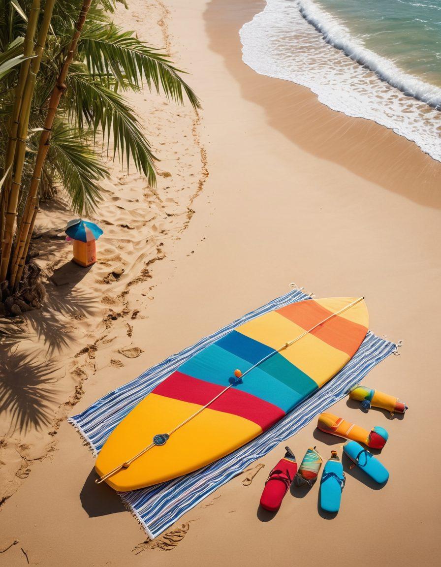 A stylish beach scene featuring diverse individuals wearing eco-friendly swimwear made from sustainable materials. The background includes soft waves, golden sand, and vibrant beach umbrellas. Add elements like a bamboo surfboard and reusable water bottles to emphasize eco-conscious choices. The atmosphere is bright and inviting, capturing the essence of a chic, sustainable lifestyle. super-realistic. vibrant colors. white background.